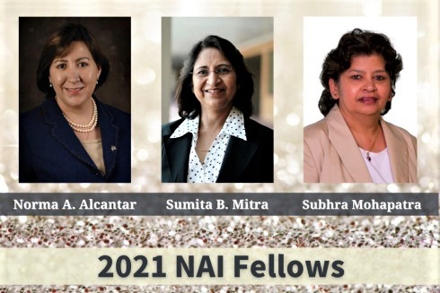 Portraits of Norma Alcantar, Sumita Mitra and Subhra Mohapatra, the 3 °ϲĻϢfaculty members who have been selected as new National Academy of Inventors Fellows