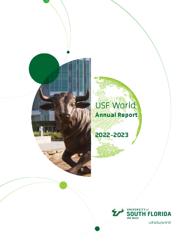 cover of 2022-23 usf world annual report, which has the °ϲĻϢrunning bull statue arranged next to a shadowed green globe with °ϲĻϢWorld Annual Report 2022-2023 printed underneath